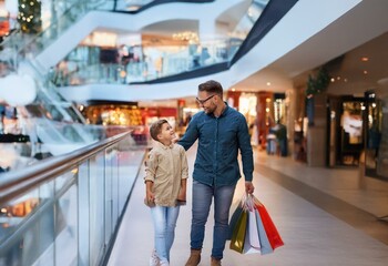 A man and a young boy walk through a shopping mall, carrying shopping bags.