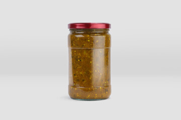 pickle jar mockup, jar of pickled vegetables preserved, canned greens, marinated greens, isolated on white background.