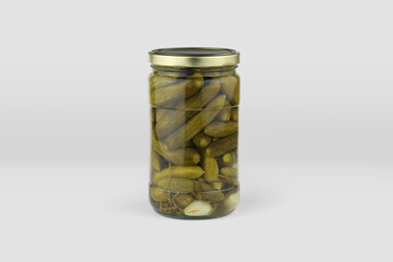 cucumber pickle jar mockup, jar of pickled vegetables preserved, canned greens, marinated greens, isolated on white background. jar of pickled cucumber
