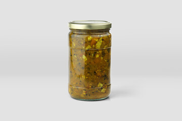 pickle jar mockup, jar of pickled vegetables preserved, canned greens, marinated greens, isolated on white background.