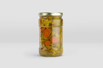pickle jar mockup, jar of pickled vegetables preserved, canned greens, marinated greens, isolated on white background.