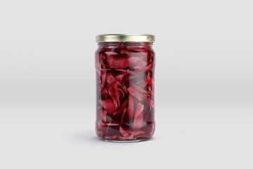 red cabbage pickle jar mockup, jar of pickled vegetables preserved, canned greens, marinated greens, isolated on white background. jar of pickled red cabbages