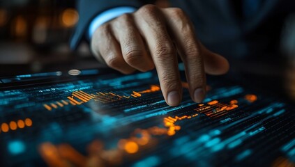 A hand interacting with a digital interface displaying data analytics and graphs.