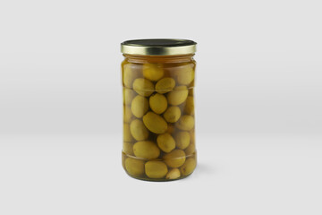 olive pickle jar mockup, jar of pickled vegetables preserved, canned greens, marinated greens, isolated on white background. jar of pickled olives.