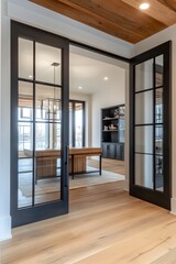Fototapeta premium Modern Office Entrance with Wood Floors Glass Walls and Timber Ceiling Beams
