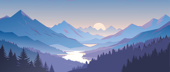 Obraz premium Serene Mountain Landscape with Pink Sky and Lake