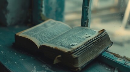 Obraz premium Old Book on Window Sill in Abandoned Setting