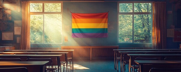 A pride flag hanging in a classroom, symbolizing inclusivity for LGBTQ students