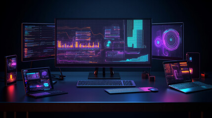 National Technology Day copy space background A close-up of a data scientist’s workspace with data mining tools and software open