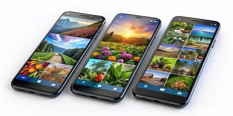 Realistic 3D Rendering of Three Phone Screens Mockup for UI UX App Concept Design and Web Presentation