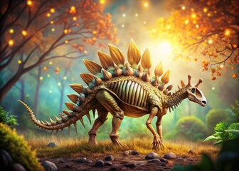 Stunning 3D Illustration of a Stegosaurus with Skeletal System Overlay and Bokeh Effect, Perfect for Educational Use and Dinosaur Enthusiasts, Showcasing Intricate Details