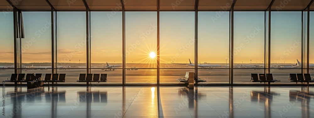 Poster airport terminal with rows of seats looking out large windows towards a sunrise over a runway with p