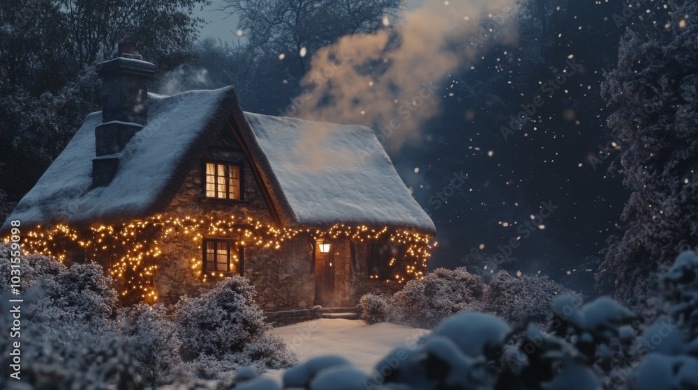 Poster a charming cottage is adorned with sparkling lights, surrounded by a blanket of fresh snow.