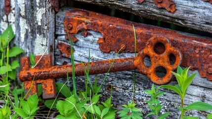 Rusty Key on Weathered Wood with Greenery Surrounding