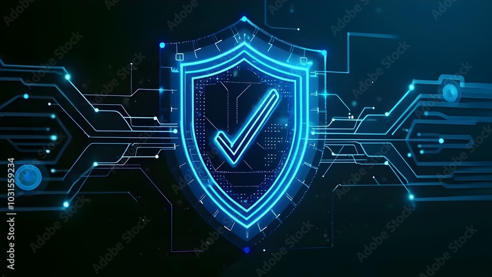 Aufkleber no need to be fear on cybersecurity protected shield with tick mark secured system neon blue technol