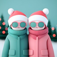 Cheerful animated characters in winter attire with festive hats