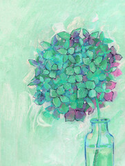 Artistic painting of mint green Hydrangea macrophylla in vase. Hand drawn illustration of blooming flowerhead. Vibrant floral composition for wedding design, greeting cards, banners, surface design.