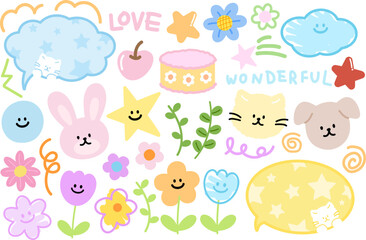 Cute illustrations of bunny, puppy, cat, flowers, text bubbles, cake, cherry, green leaves for cartoon, character, animals, pet shop, vet, happy easter, spring time, summer, floral print, sticker set