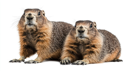 Two groundhogs animal close together lying on the ground, standing and looking into the distance isolated on a white background