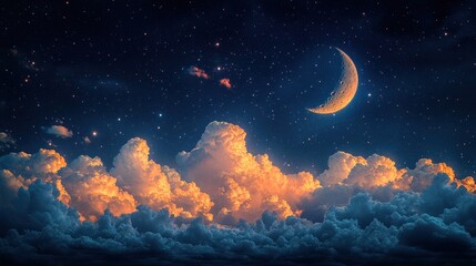 A serene night sky with a crescent moon and glowing clouds.
