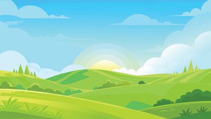 Green Rolling Hills Landscape Under Blue Sky