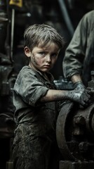A child working in a grimy factory, covered in soot, operating heavy machinery with their small hands