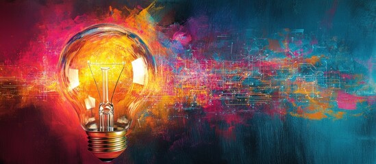 A glowing light bulb with a colorful background.