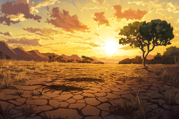 Illustration of drought landscape cracked earth under golden sunset arid terrain dry climate barren nature environmental crisis global warming desertification survival struggle