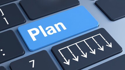 Fototapeta premium Close-up of a keyboard key emphasizing the word Plan in blue color.