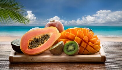 A selection of tropical fruits arranged on a bamboo tray, including papaya, mango, and kiwi, with a bright beach scene in the background.