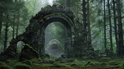 Mystical Forest Ruins in Foggy Atmosphere