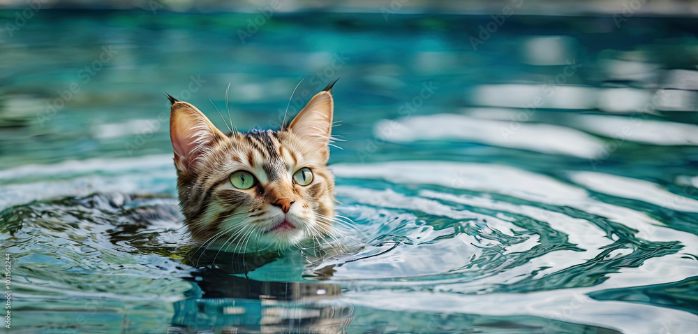 Wall mural adorable cat swimming in water.