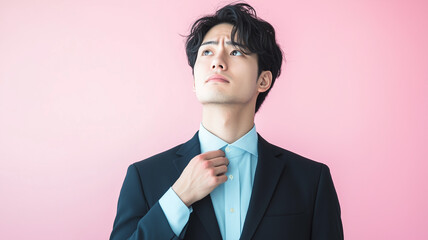 Stressed Japanese Male Professional Adjusting Suit Collar.