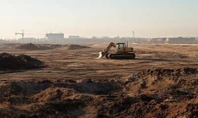 Obraz premium Excavator on construction site with dirt mounds.