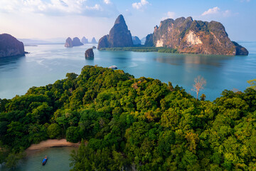 Drone landscape Phang Nga river and national park with mangrove jungle bay. Concept amazing nature...