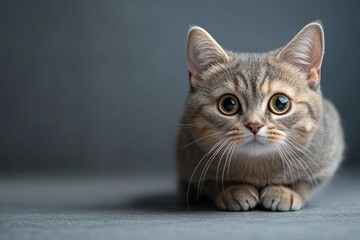 Obraz premium A curious cat with striking eyes exploring a simple gray background indoors