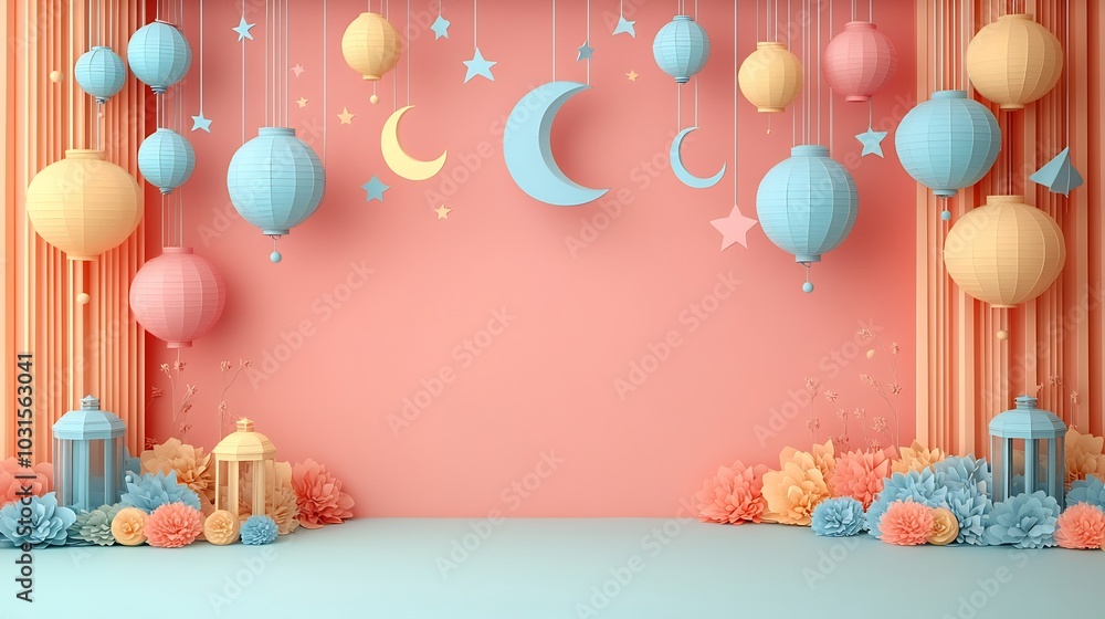 Poster whimsical paper cut style banner displaying layered lanterns and crescent moons in bright shades aga