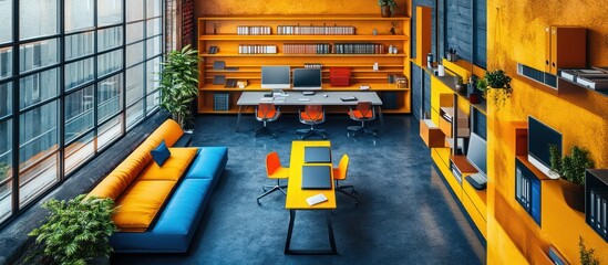 Naklejka premium Modern office interior with yellow and blue furniture, large windows, and a modern design aesthetic.