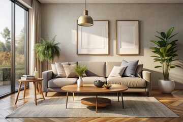 Fototapeta premium Stylish Living Room with Mockup Poster, Cozy Couch, and Coffee Table for Art Printing, Ideal for Interior Design Projects and Home Decor Inspirations