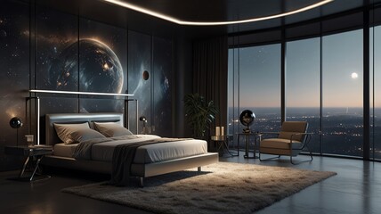 Naklejka premium a bedroom with a view of the city from the window.