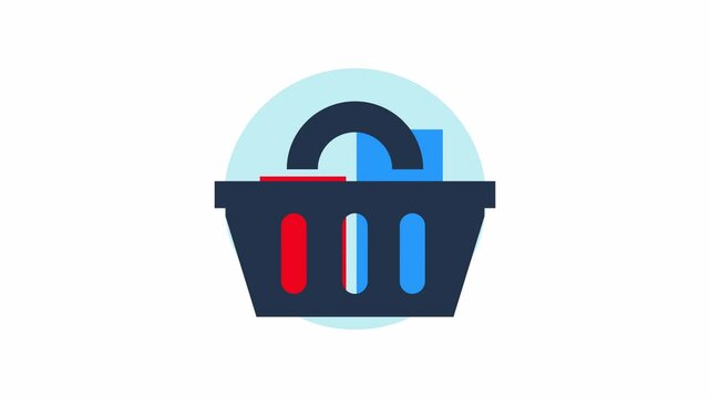 e-commerce buy shopping basket with red and blue items in a blue circle. Perfect for retail, sales, marketing, and shopping concepts.