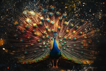 A stunning display of a peacock showcasing its vibrant feathers. This artwork blends nature with imagination in a creative and beautiful style. Generative AI.