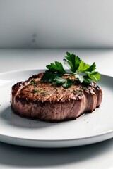 Steak with parsley - this is a concise and descriptive sentence that effectively communicates the image being depicted.