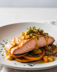 Salmon Fillet with Passion Fruit Sauce on a Bed of Pumpkin.