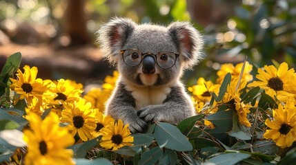 Fototapeta premium A playful koala wearing glasses amidst vibrant sunflowers in a sunny outdoor setting