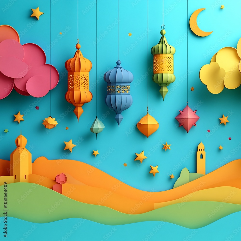 Poster whimsical paper cut style banner displaying an array of colorful islamic lanterns stars and crescent
