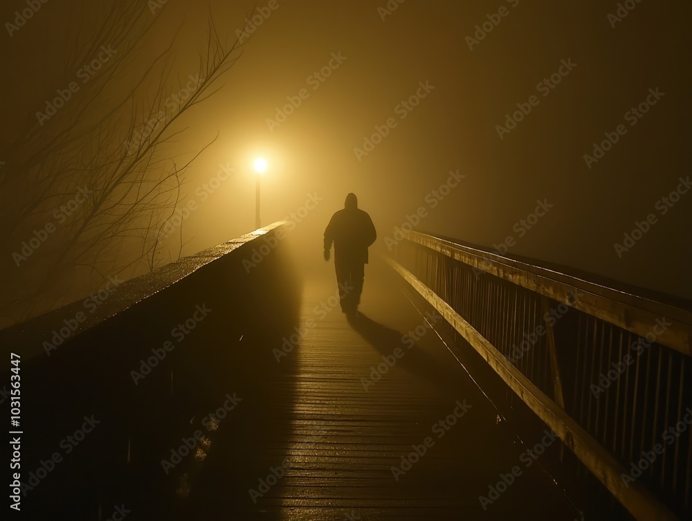 Wall mural a solitary figure walks along a foggy bridge, illuminated by a dim light, creating a mysterious and 