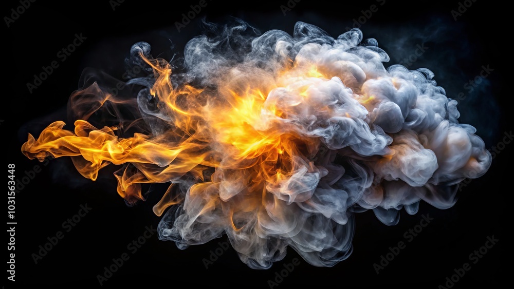 Poster super dense smoke explosion with shockwave effect isolated on black background - high depth of field