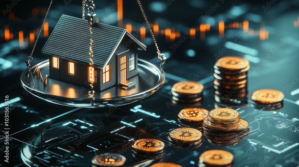 Poster a model house is delicately balanced on a scale, surrounded by stacks of gold coins and cryptocurren