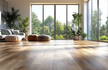 Modern living room with large windows and soft lighting showcasing a tranquil and serene space